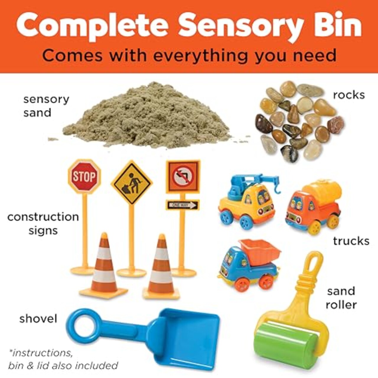 Sensory Bin: Construction Zone Playset - Preschool Learning Activities, Excavator Toys for Boys Ages 3-5+, Outdoor Toys and Gifts for Kids